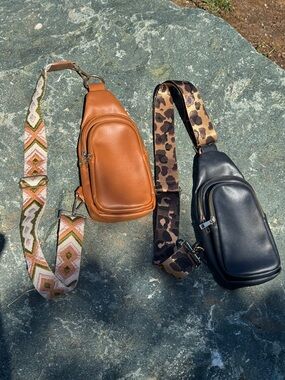 Babs + Birdie Leather Crossbody Sling Bag - Tan and Black - Set of 2!